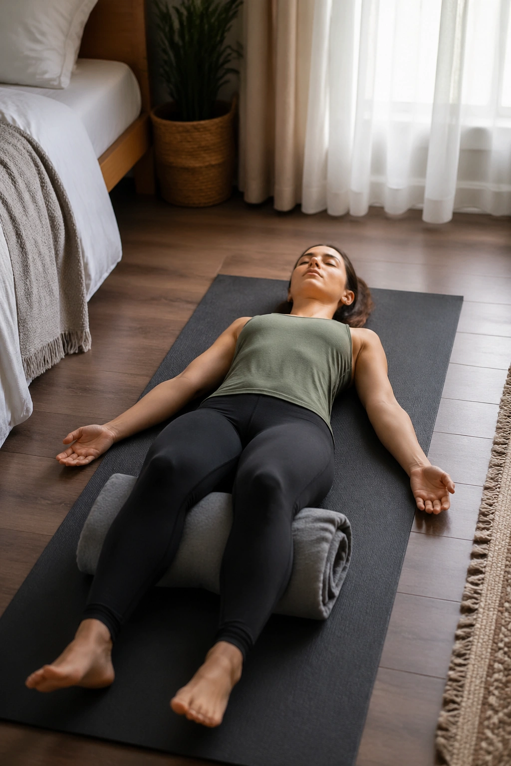 Real person in savasana with relaxed shoulders and slow nasal breathing in a quiet bedroom