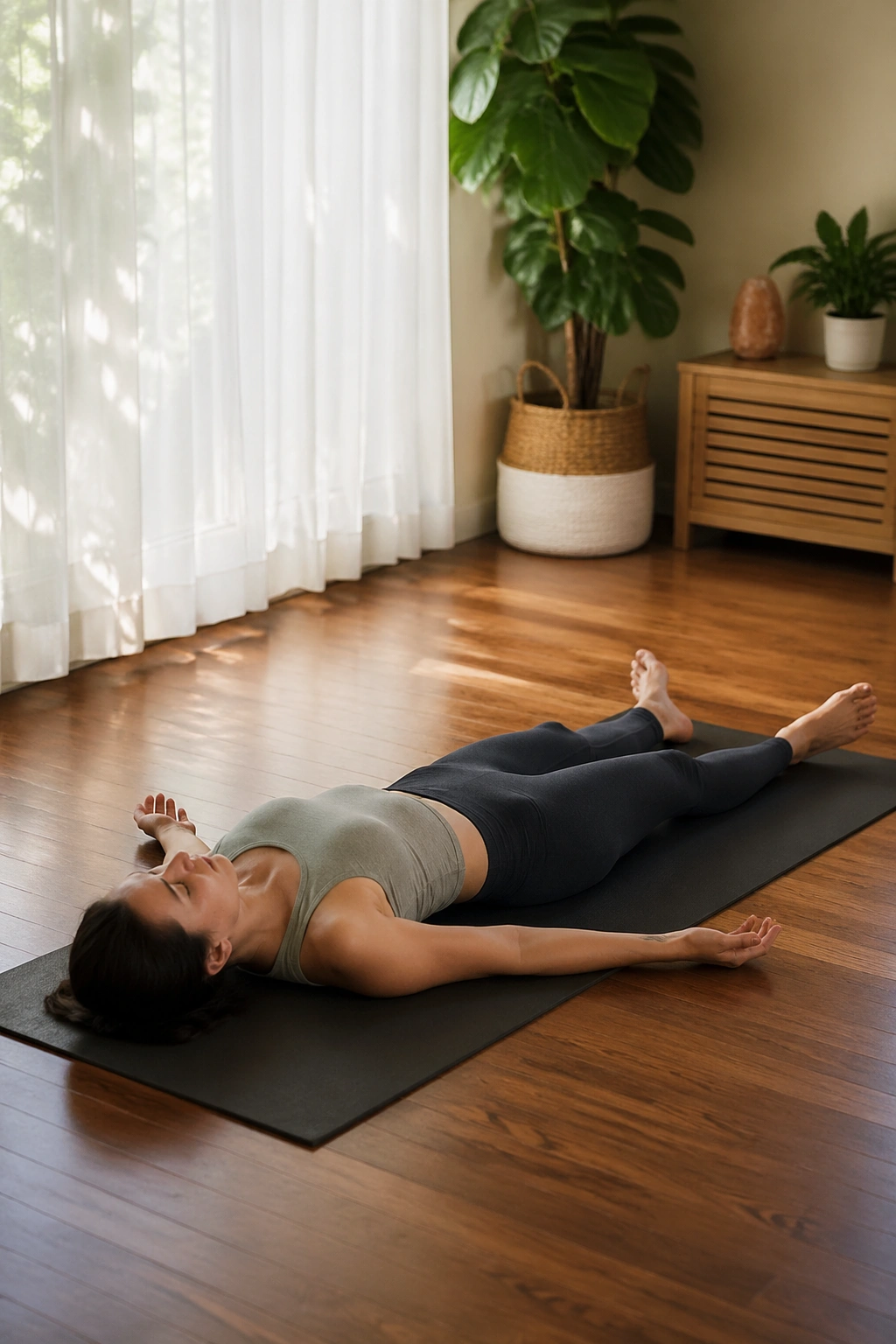 Full-body image of a person in savasana, lying on a mat with relaxed posture in a calm indoor setting