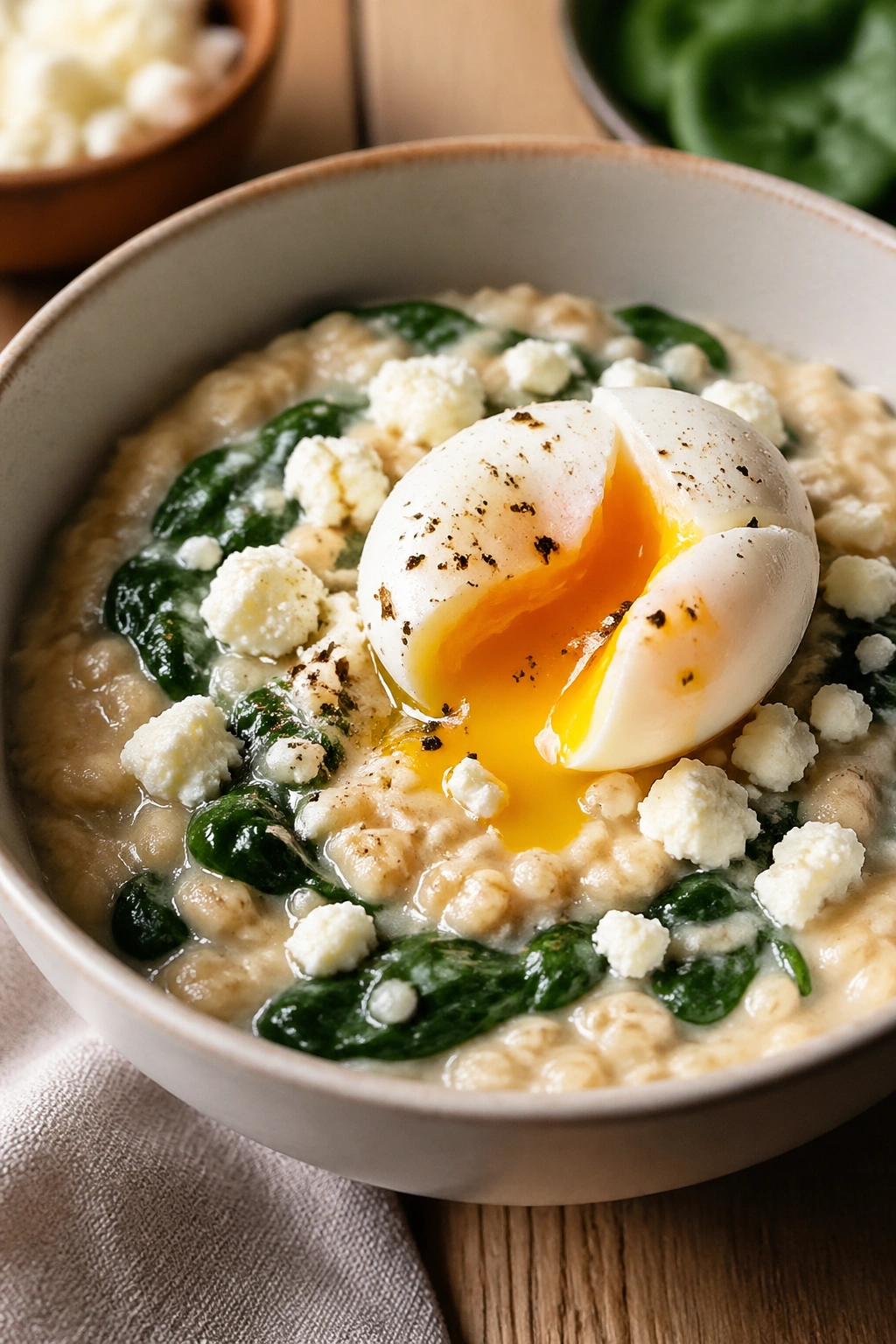 Savory oatmeal with egg and spinach