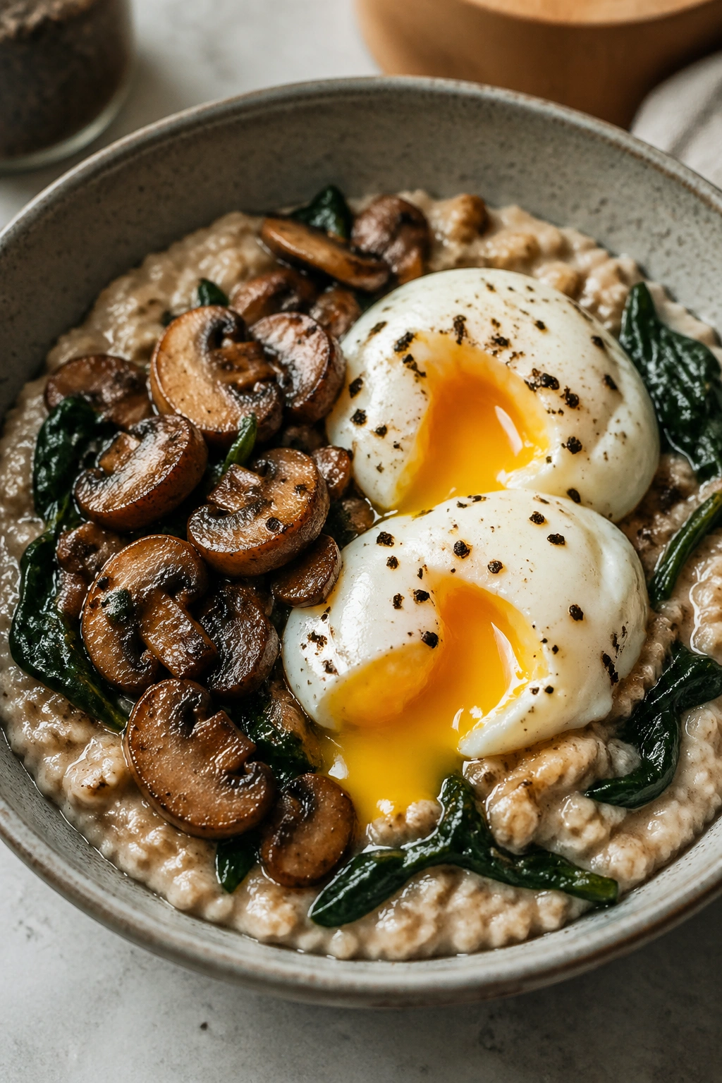 Savory oatmeal bowl topped with mushrooms, spinach and soft eggs