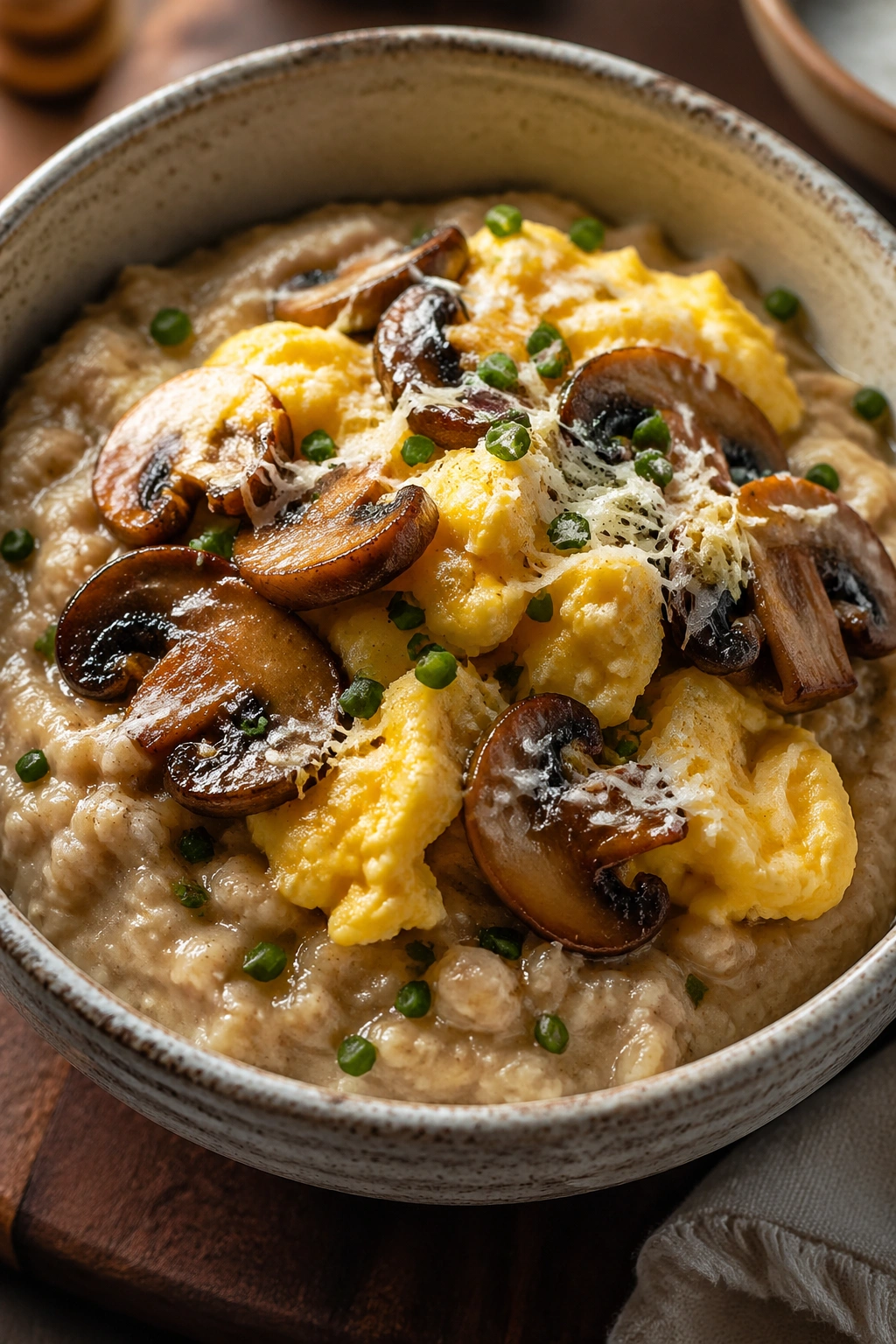 Savory oatmeal with soft eggs and mushrooms in a bowl on a wooden table