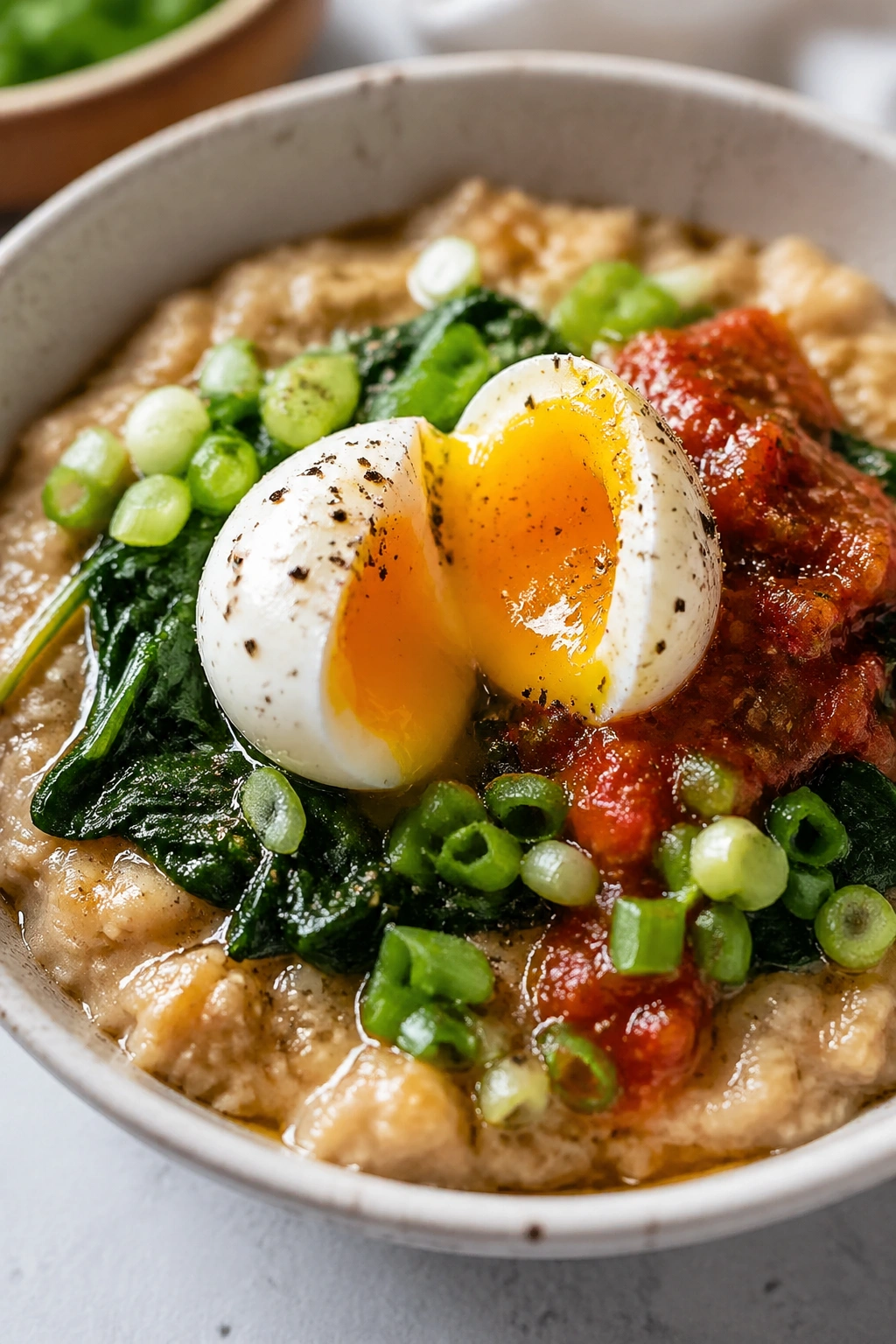 Savory oats with soft-boiled egg and greens in a bowl