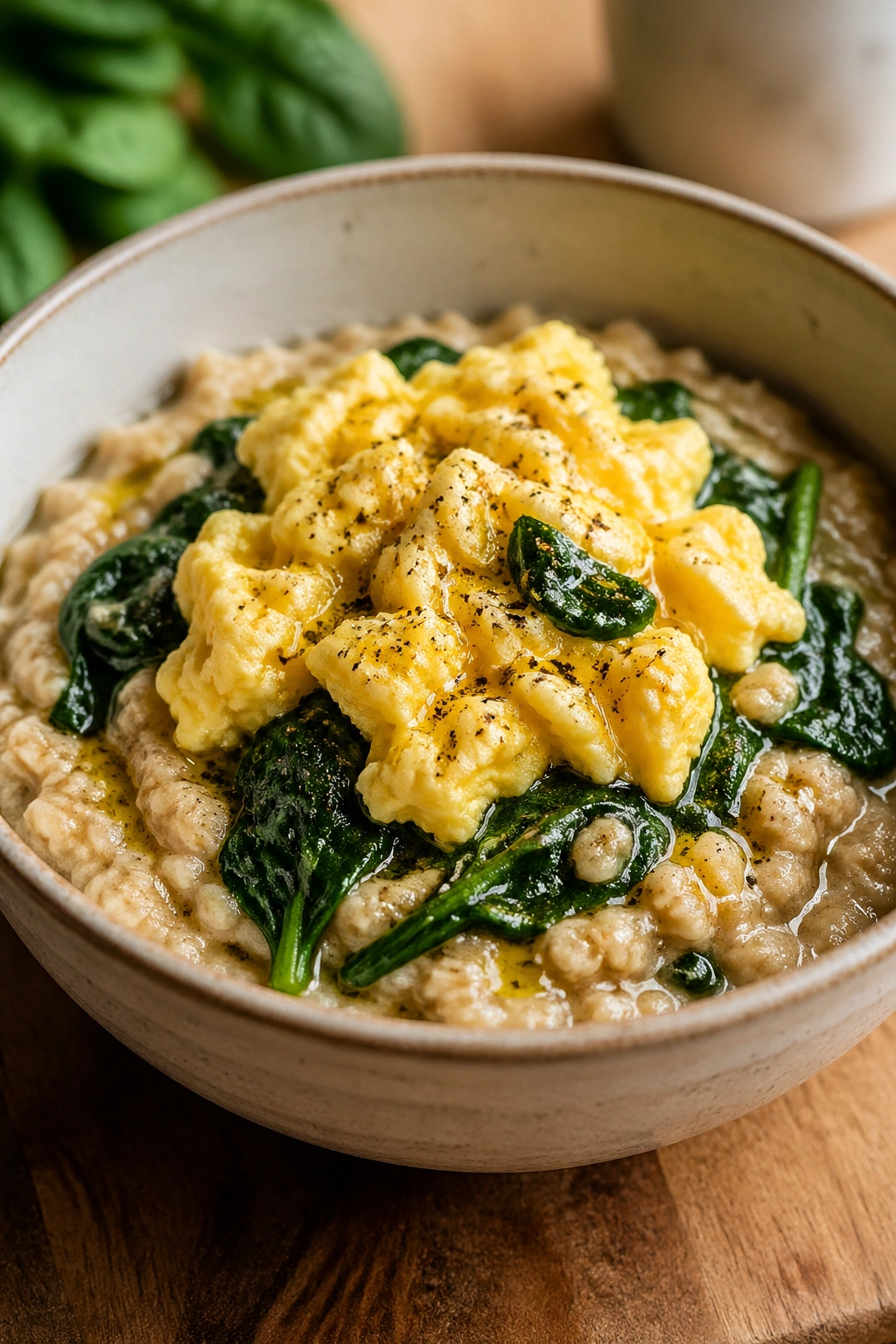 Savory oatmeal with egg and spinach in a bowl