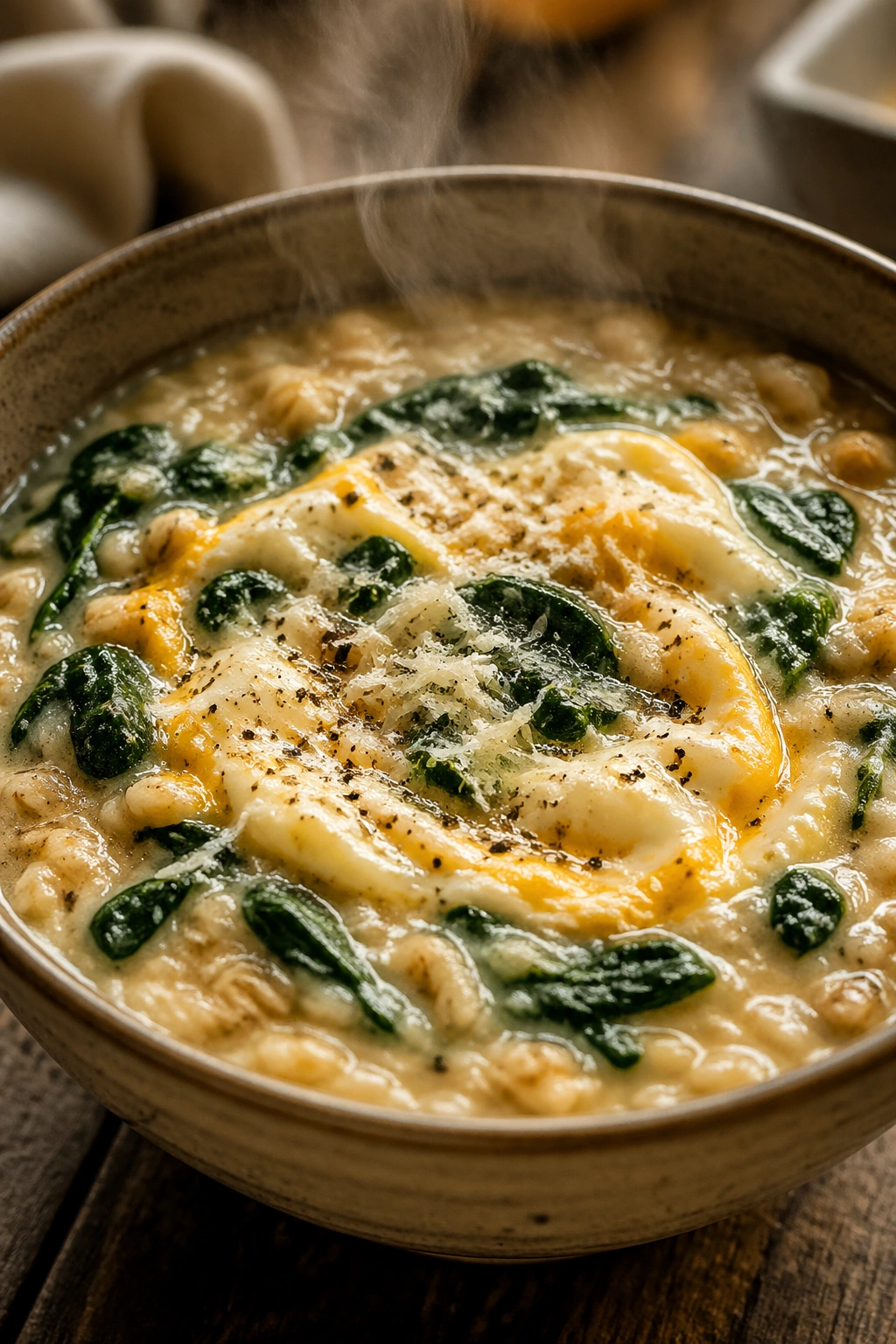 Close-up of Savory Egg Spinach Parmesan Oats in a hot bowl on a kitchen counter