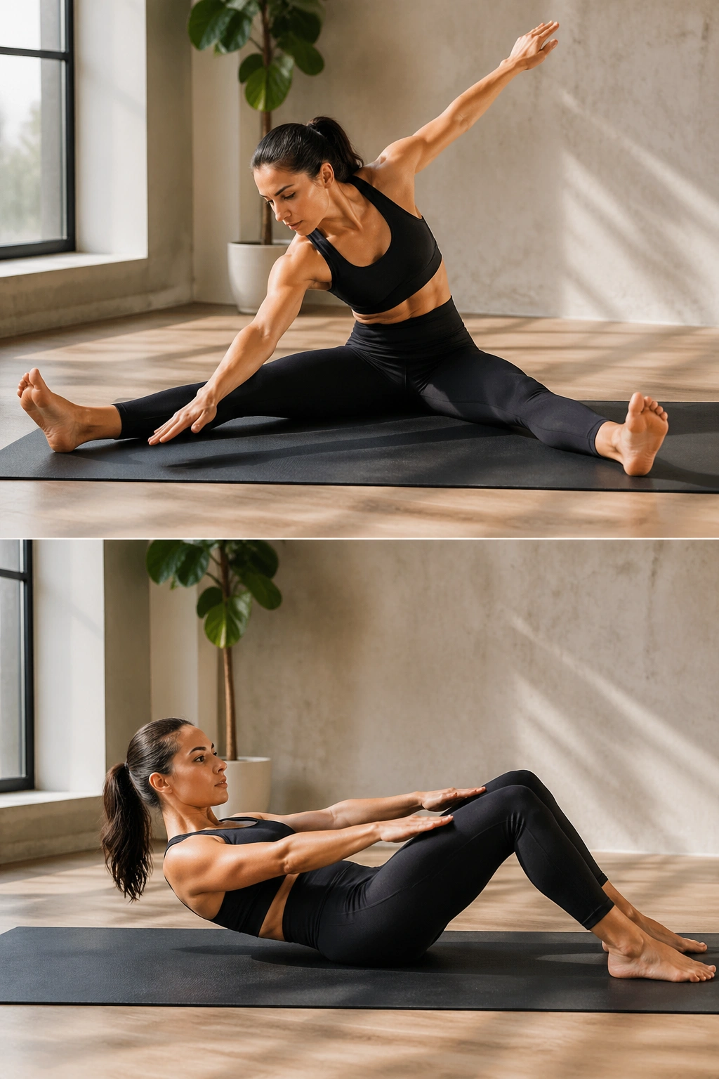 Person performing Saw rotation and hollow hold in Pilates sequence