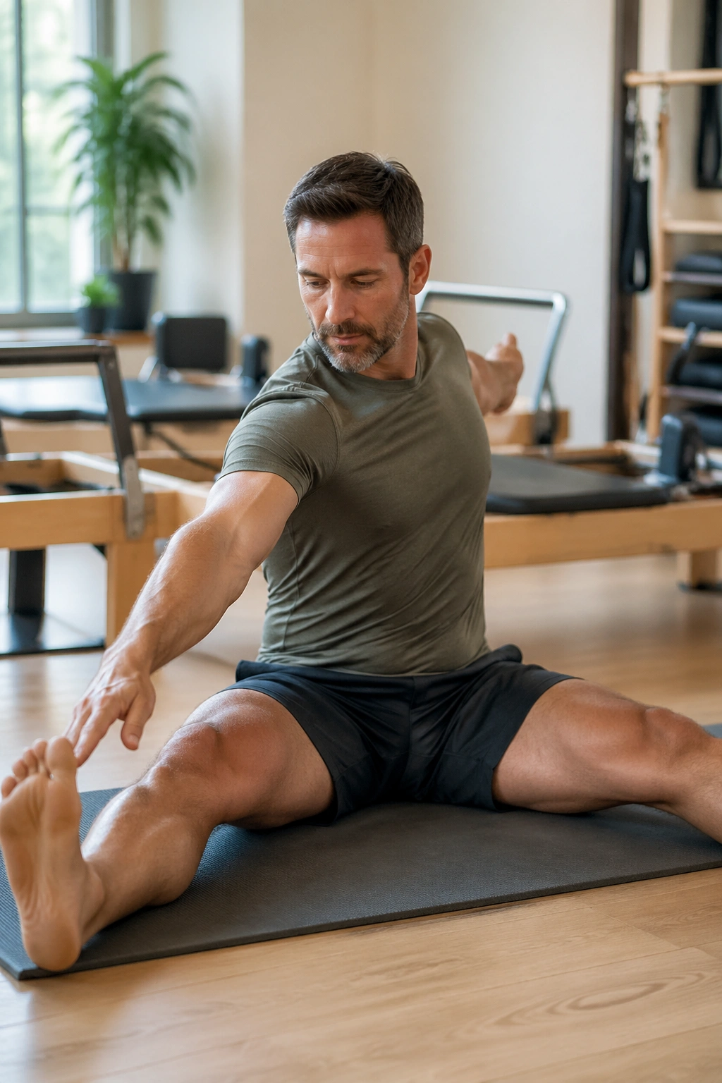 Man performing Saw rotation on a mat with arms extended