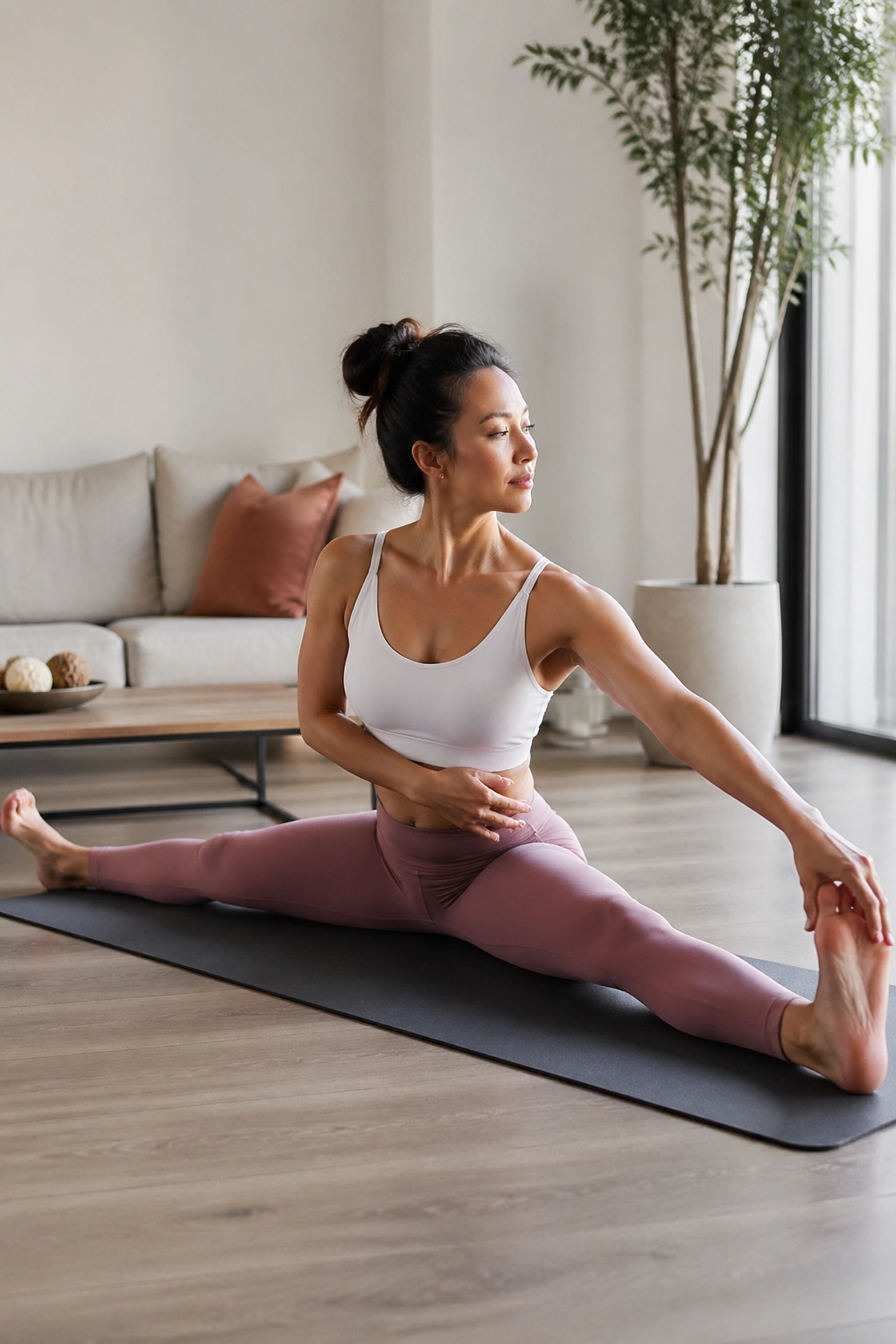 Seated saw stretch with tall spine reaching to toe