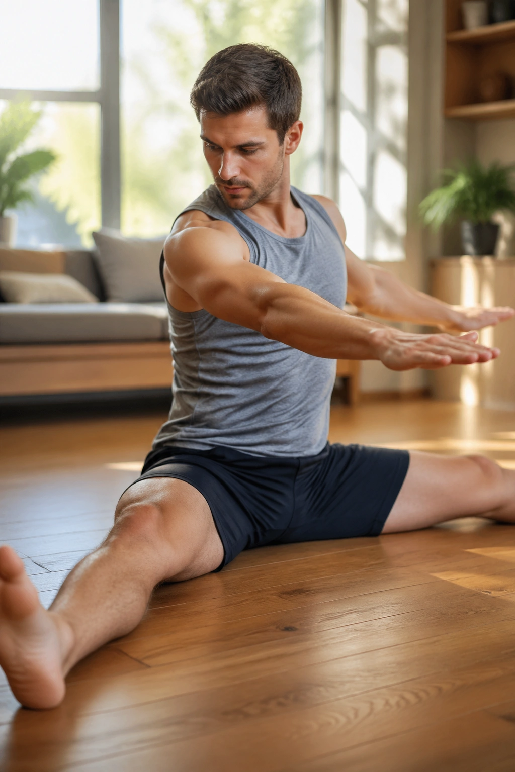 Seated saw twist showing torso rotation in a home setting.