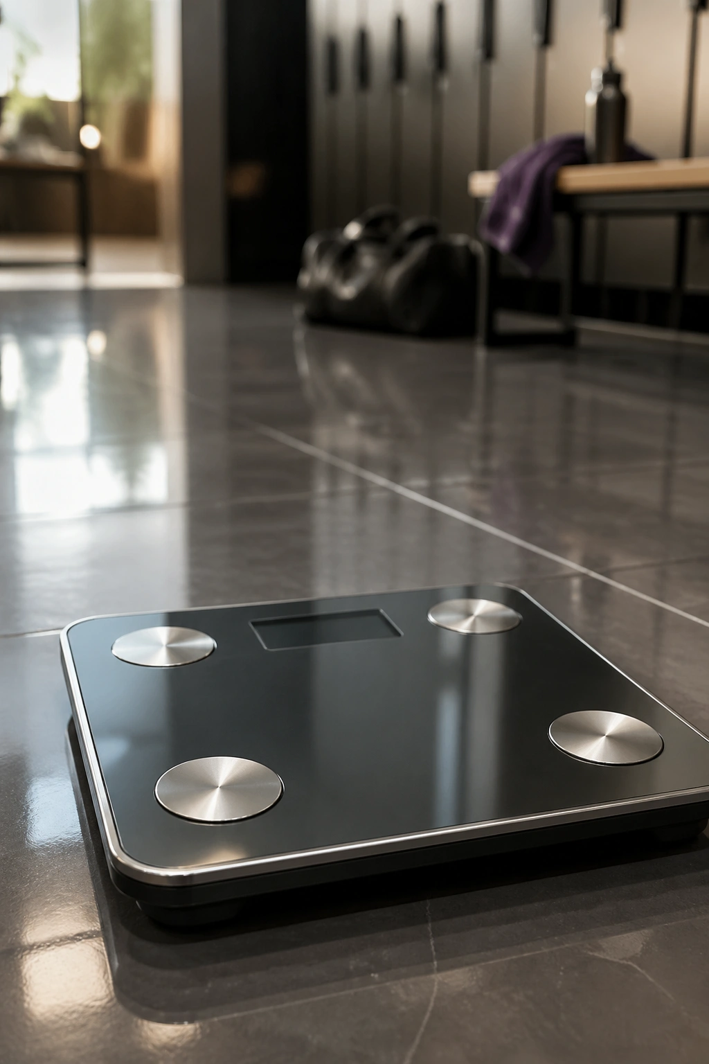 Digital scale on tile floor with gym background blurred