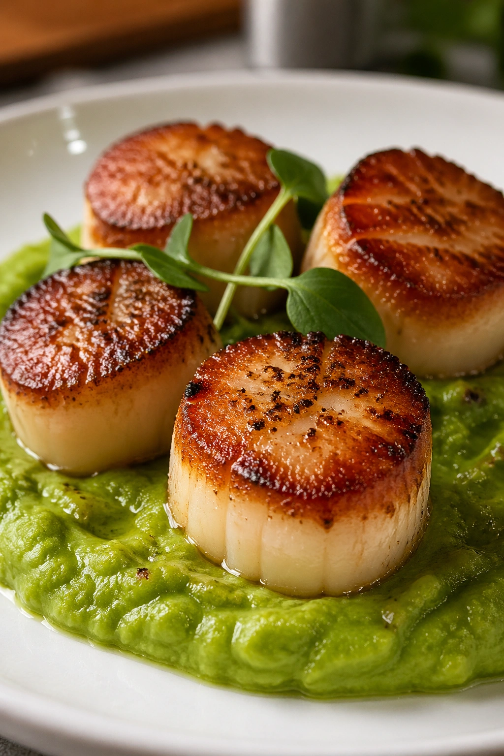 Close-up of pan-seared scallops over pea puree on a plate