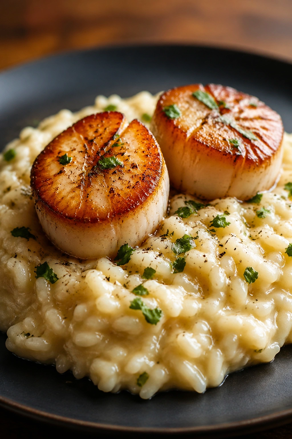 Close-up of seared scallops on creamy risotto