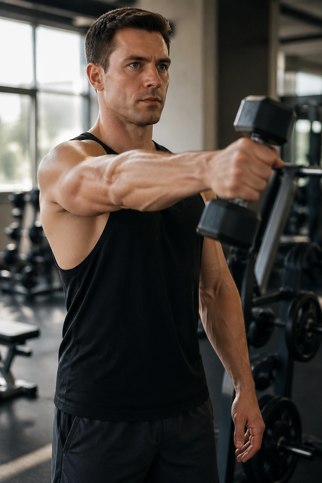 Close-up of a fit person performing a scaption raise in the scapular plane at shoulder height in a gym