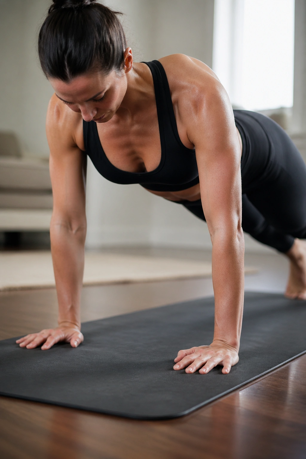 Close-up of a real person performing scapular push-ups, focusing on shoulder blade movement.