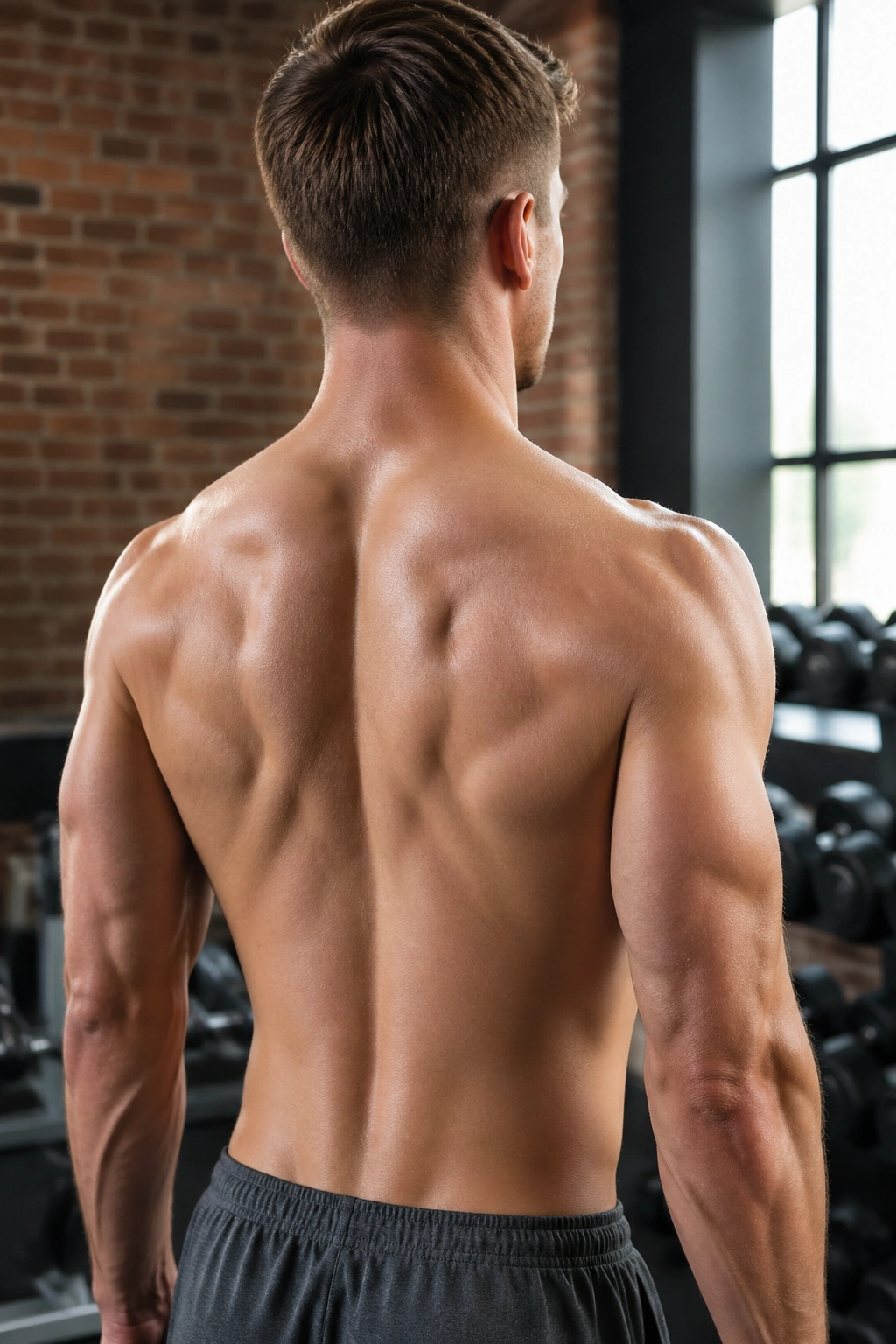 Close-up of upper back during scapular squeezes showing shoulder blades retracting