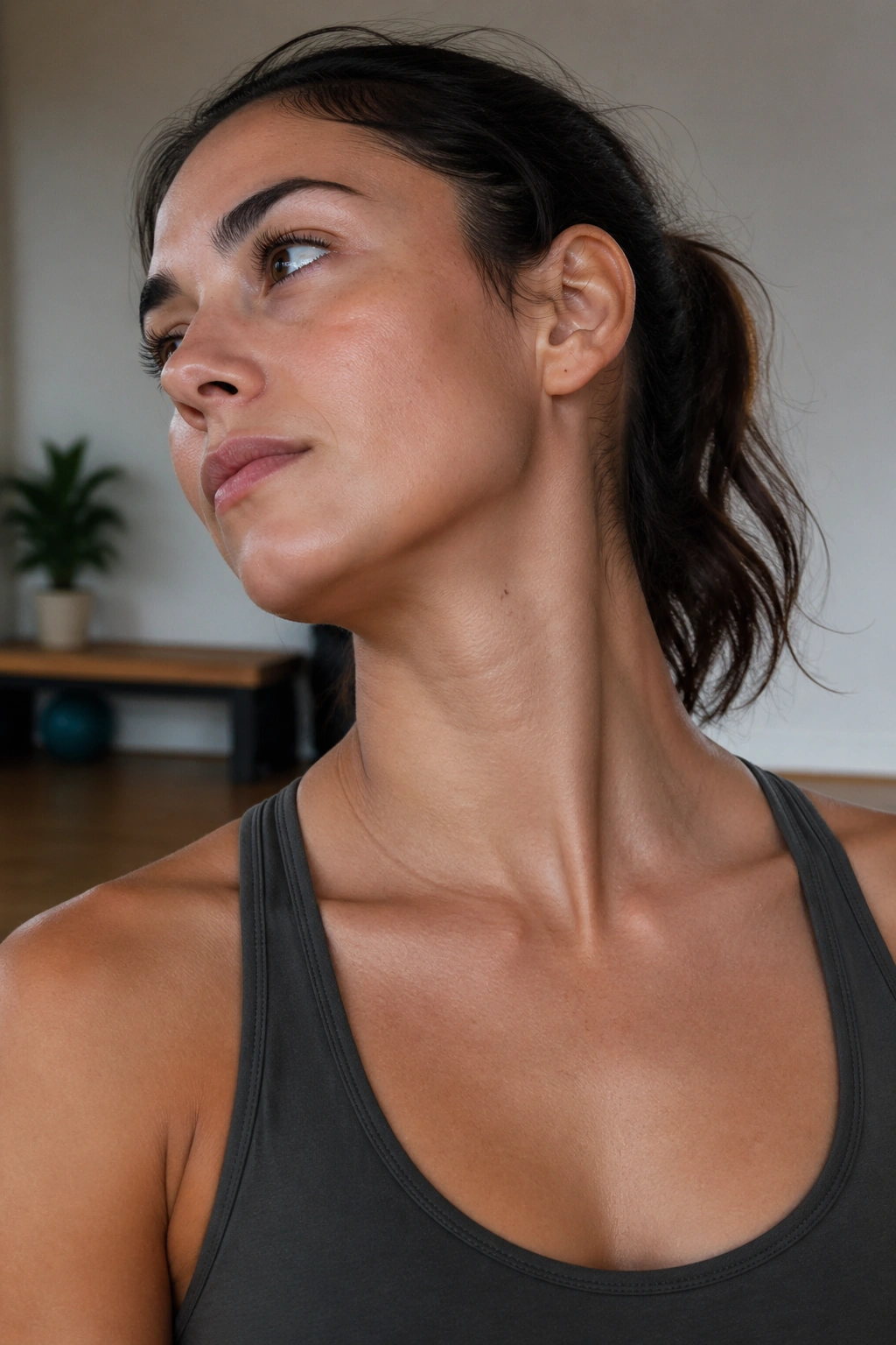 Close-up of a real person performing the diagonal look-away neck stretch targeting the SCM.