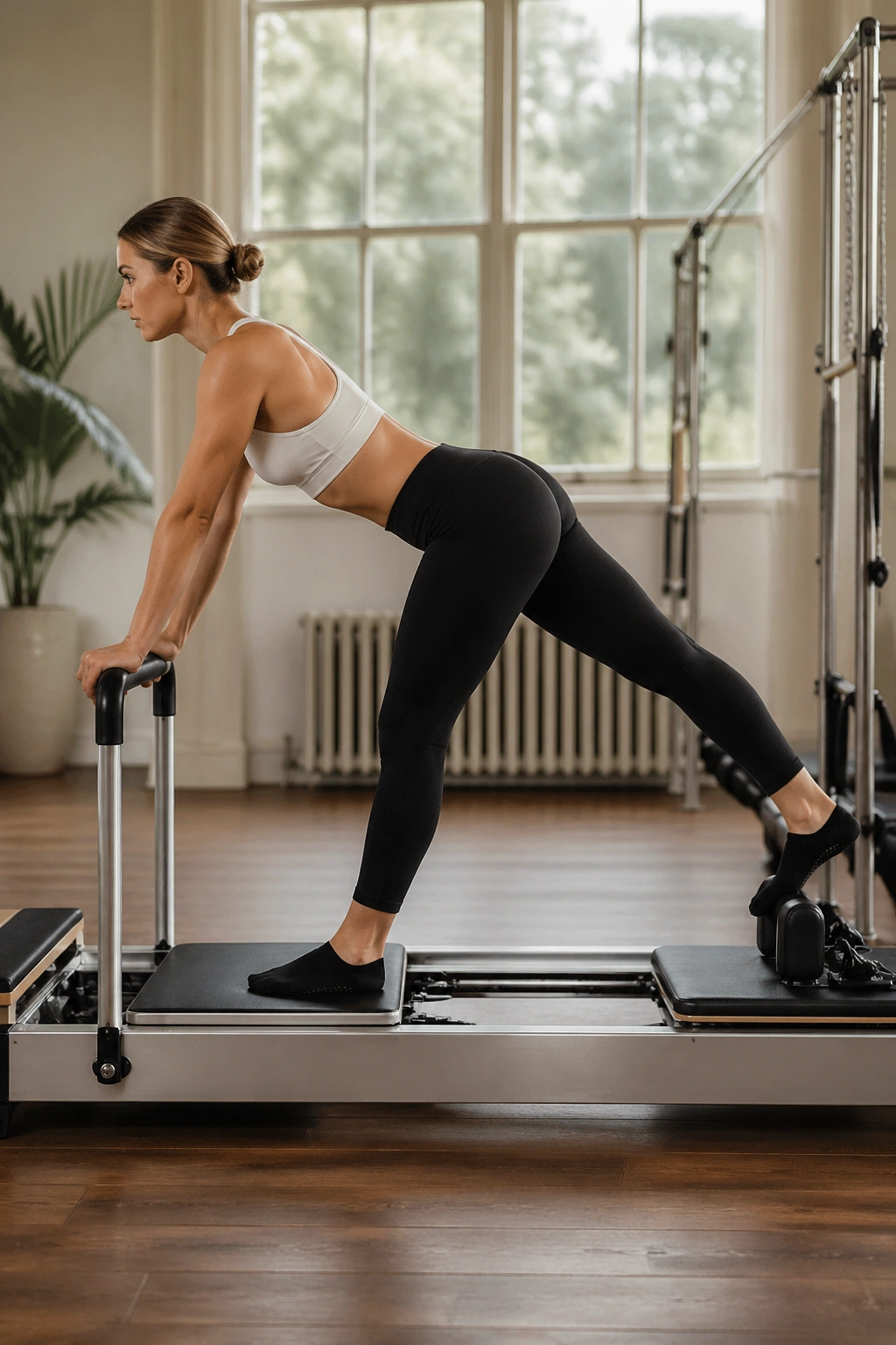 Side-profile of a person performing Scooter on a reformer, pelvis stable and standing leg anchored.