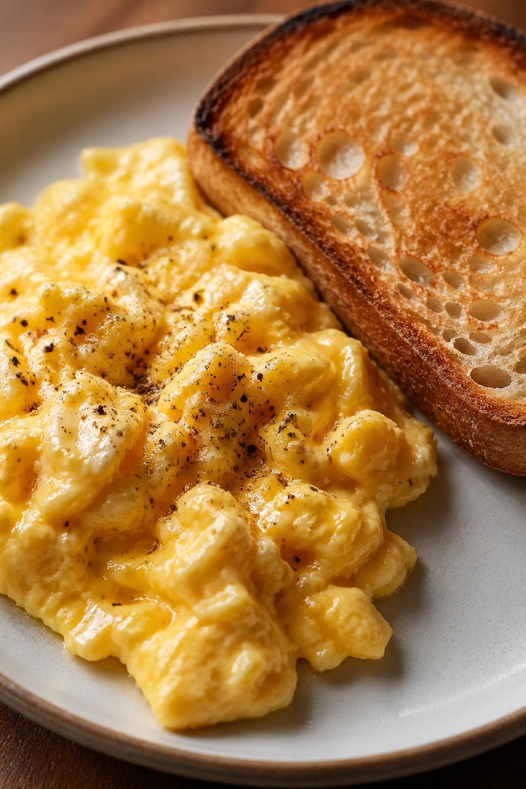 Close-up of scrambled eggs with sourdough toast