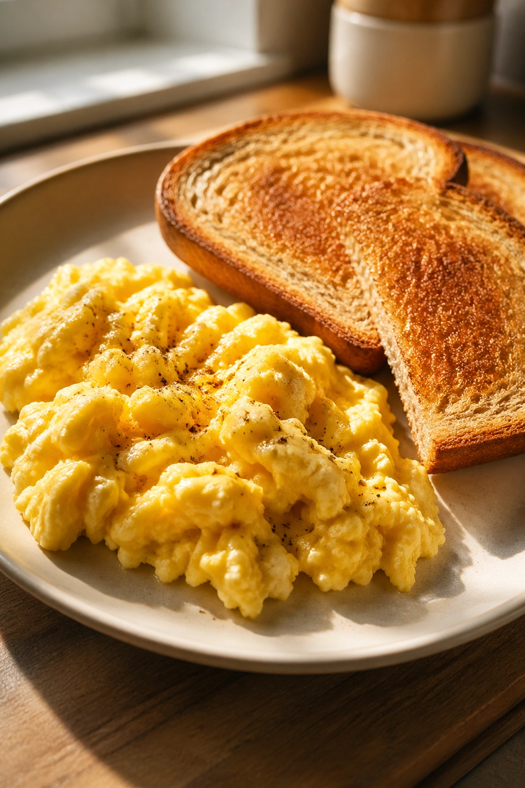 Close-up of scrambled eggs with toast on a plate in a sunlit kitchen