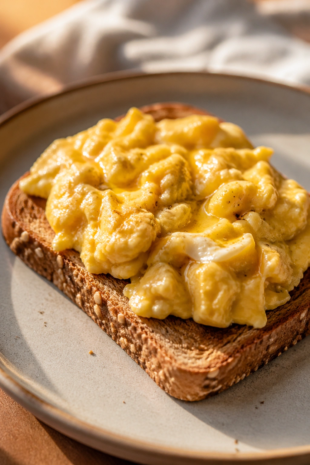 Close-up of scrambled eggs on whole-grain toast on a plate