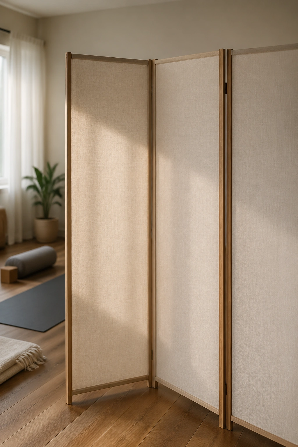 Mid-shot of a neutral folding screen used as a room divider in a calm yoga space