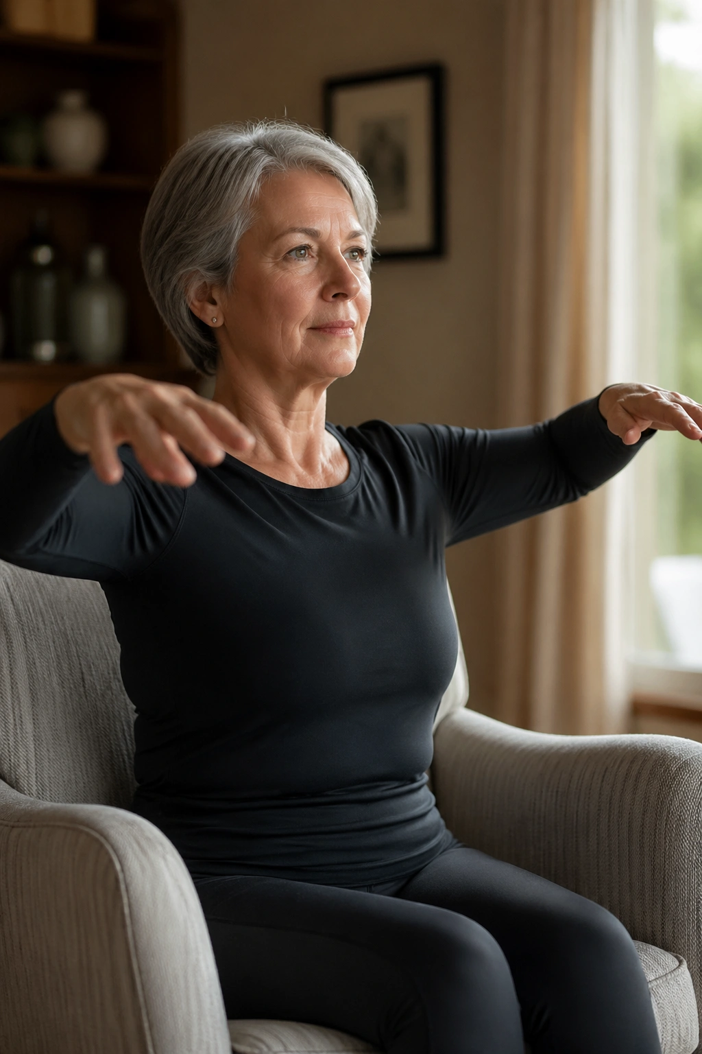 Close-up of a real woman performing seated arm circles with breath counts in a home Pilates setting