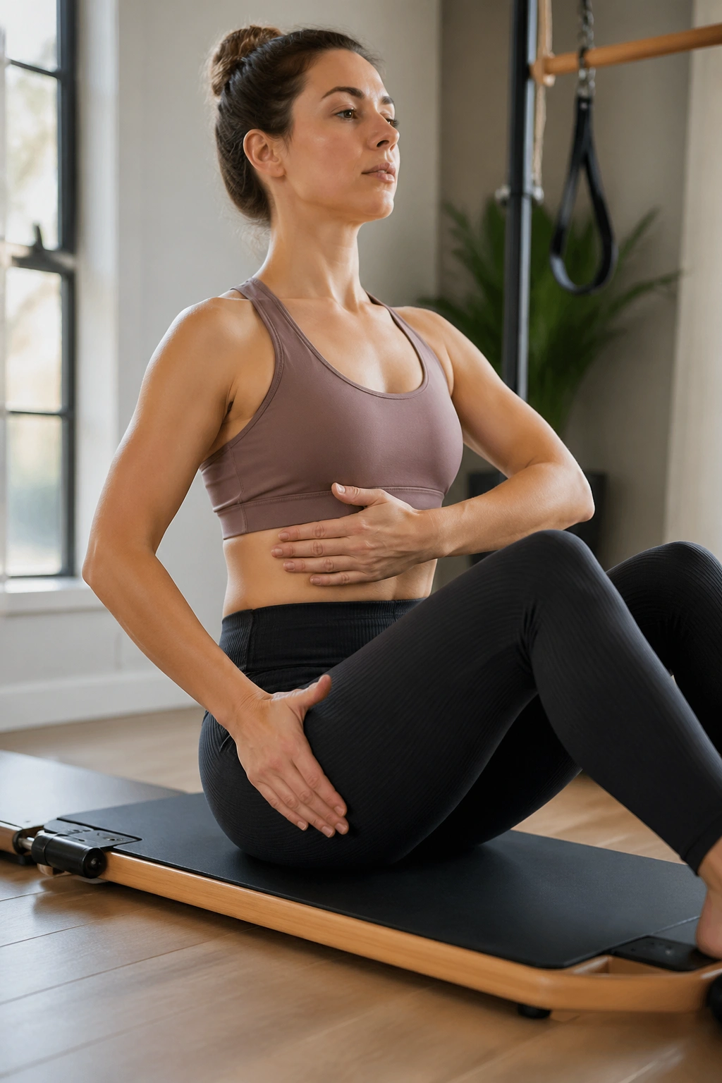 Real person seated on a Pilates board performing pelvic tilt and breathing drill