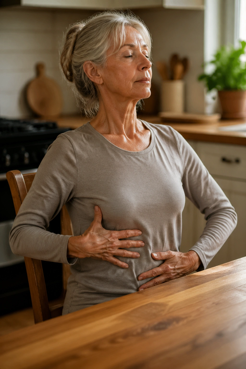 Close-up of a real woman practicing seated rib breathing at a kitchen table, focusing on rib expansion and belly relaxation