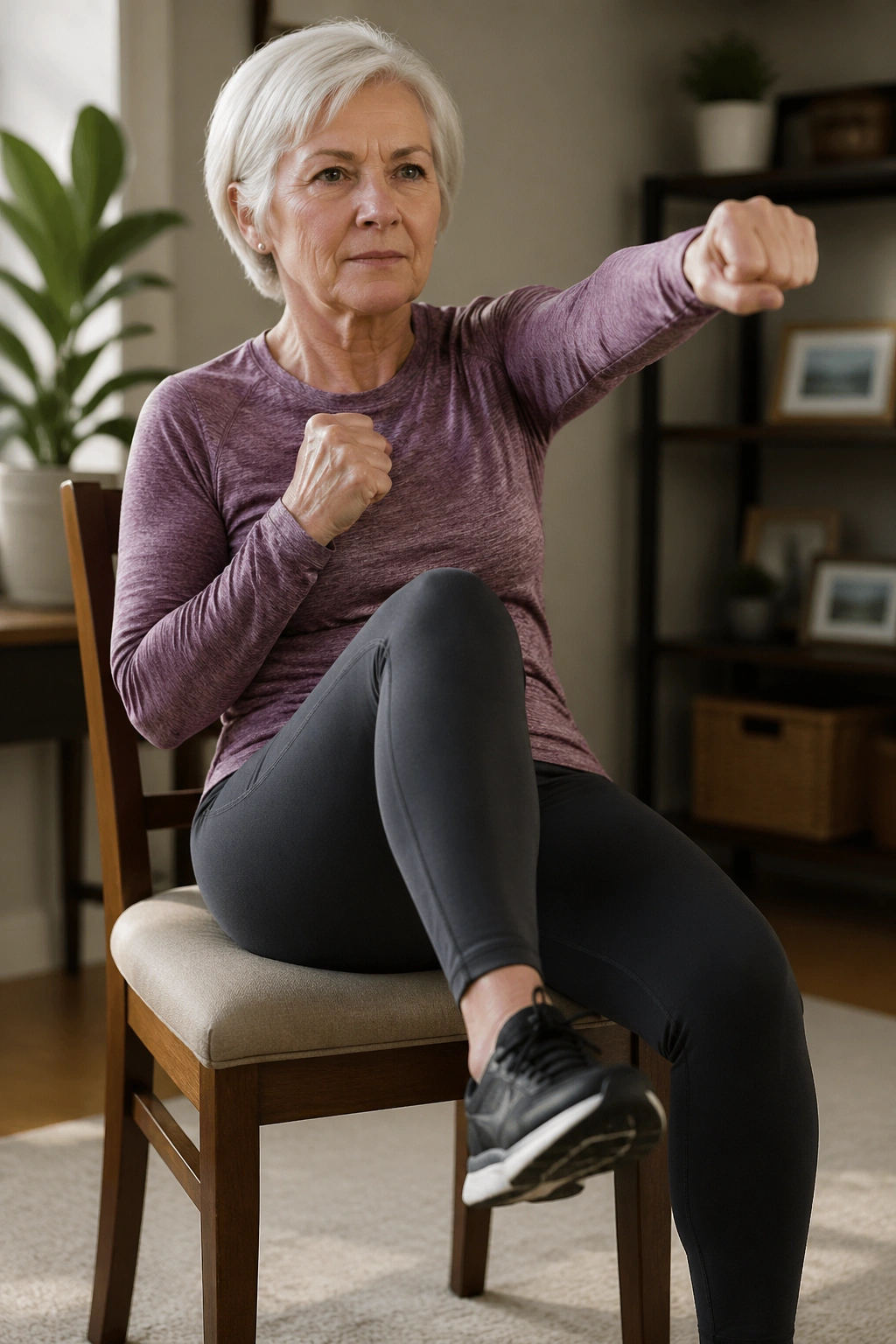 Older woman seated performing marching and punching cardio in a chair