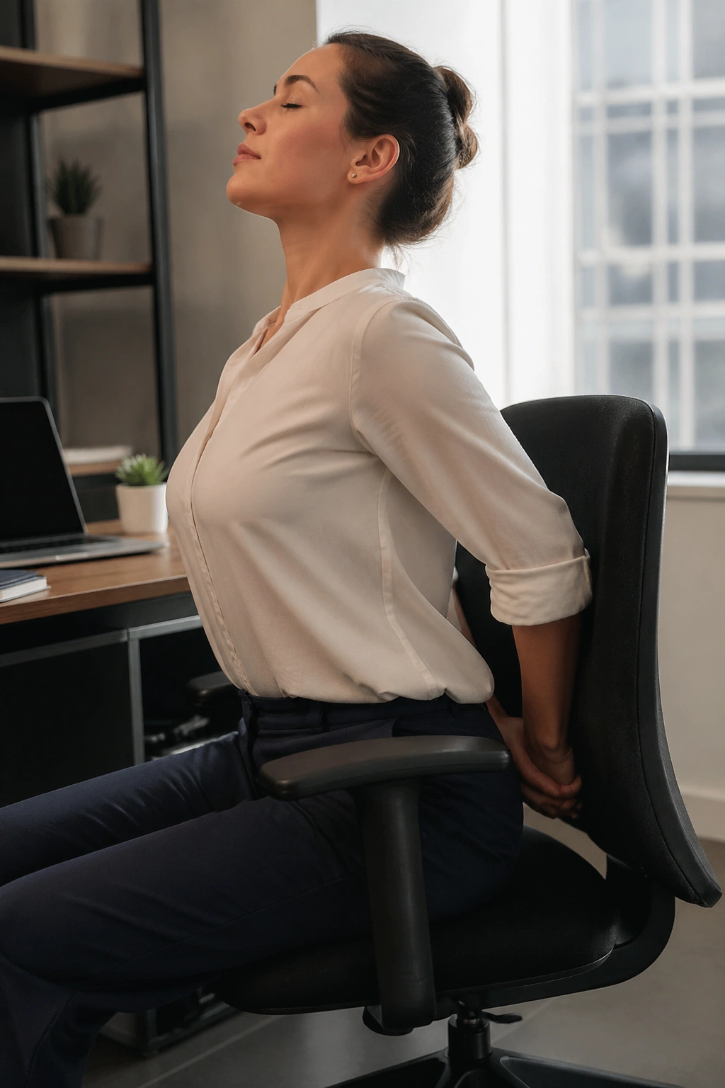 Close-up of a real person performing Seated Chest Expansion in an office chair