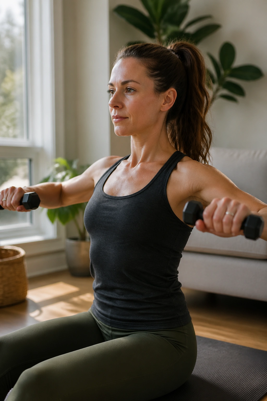 Medium close-up of a real woman performing seated arm circles with light weights in a sunny living room.