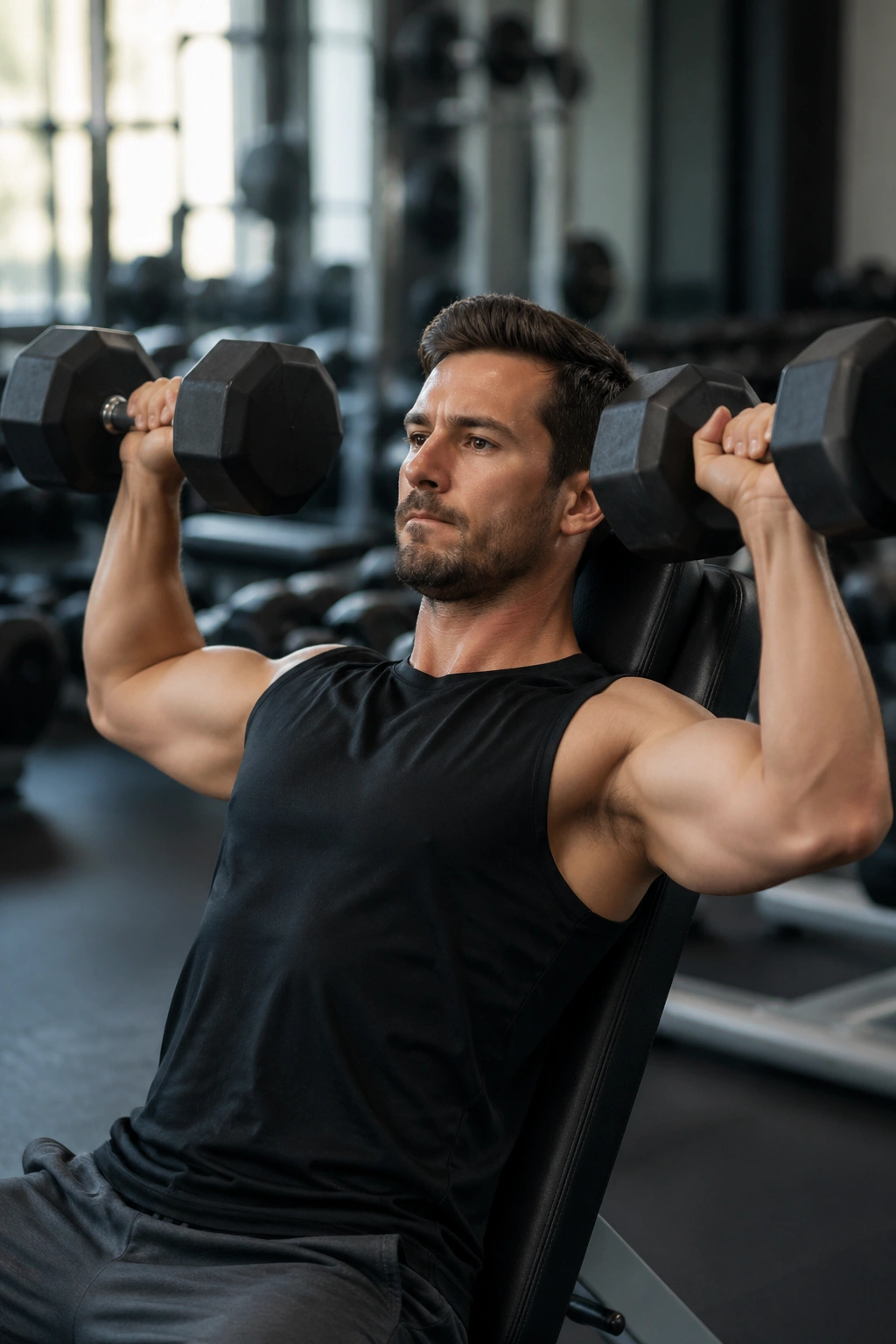 Medium close-up of a real person performing seated dumbbell overhead press in a gym