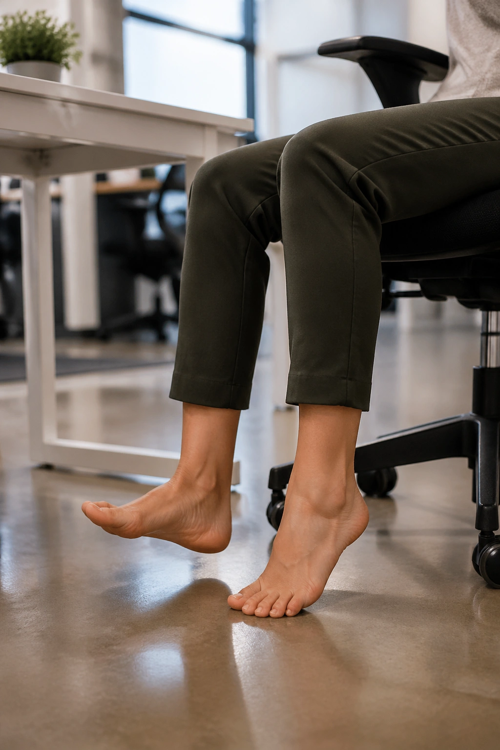 Feet and lower legs performing seated footwork at an office chair