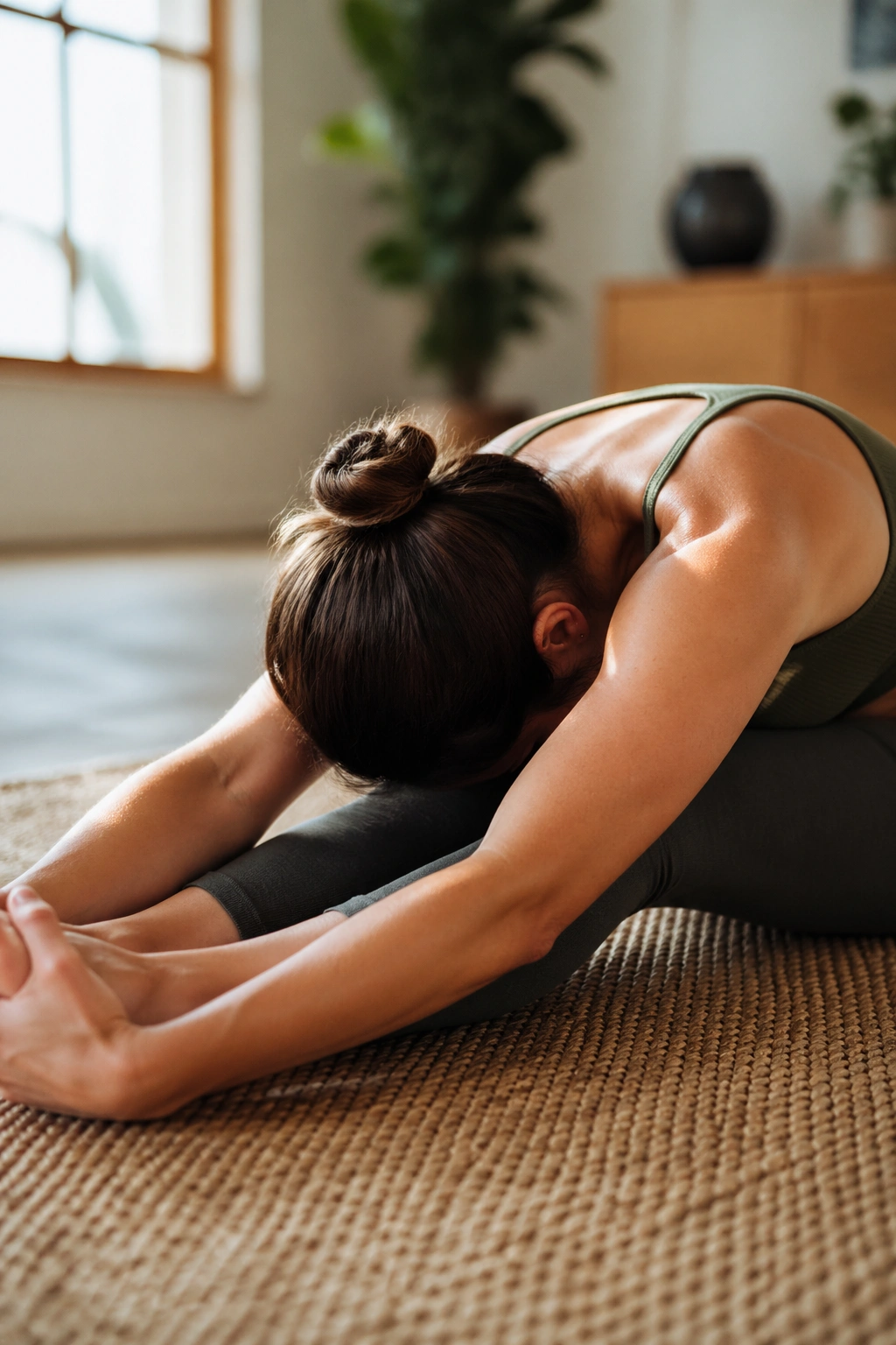 Person seated with soft-knee forward fold stretching the back