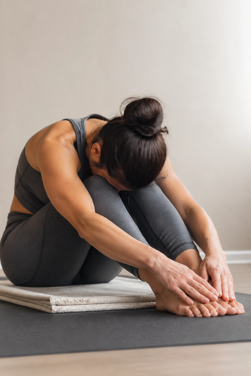 Medium close-up of a person in Seated Forward Fold With Bent Knees