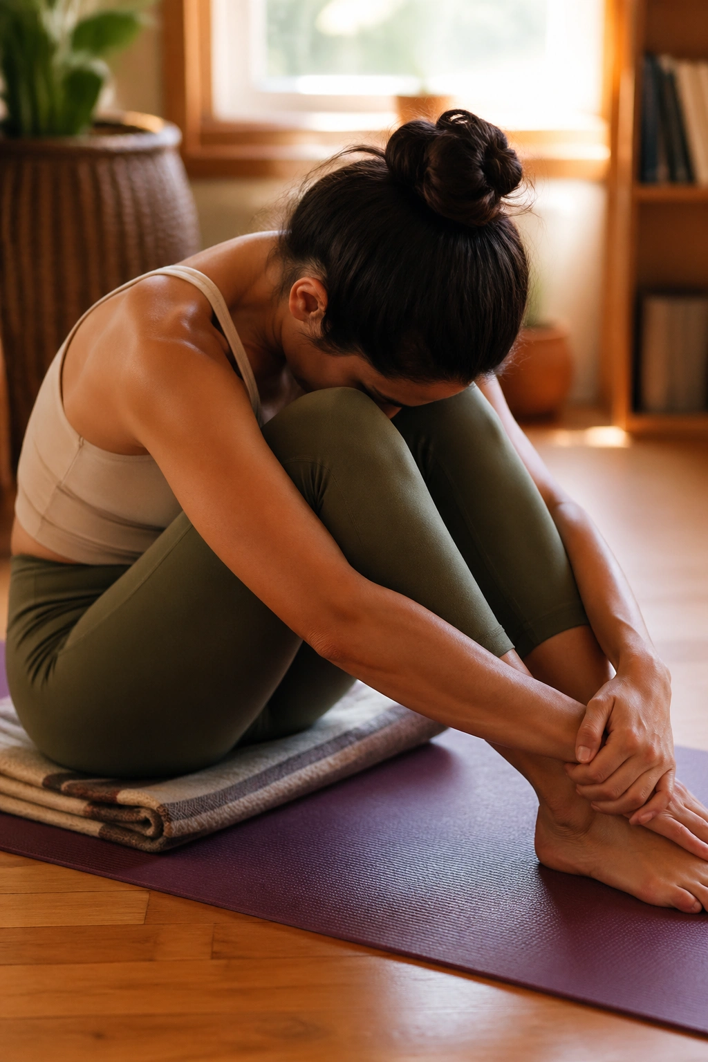 Real person in Seated Forward Fold with Bent Knees on a yoga mat in a cozy home setting