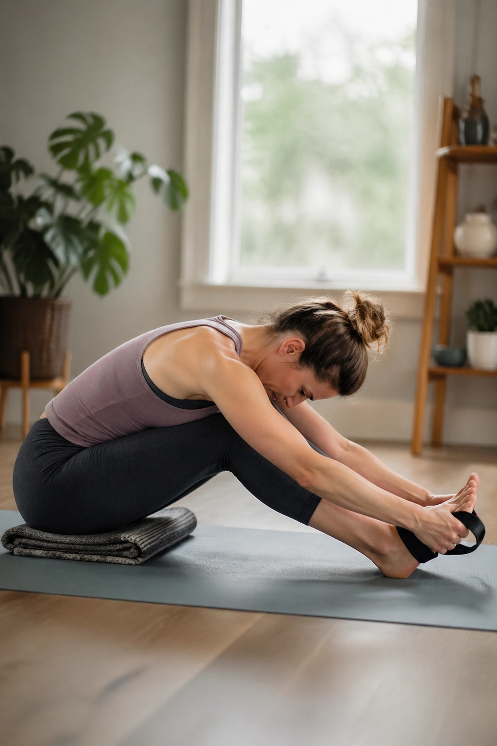 Seated forward fold with bent knees for postpartum core
