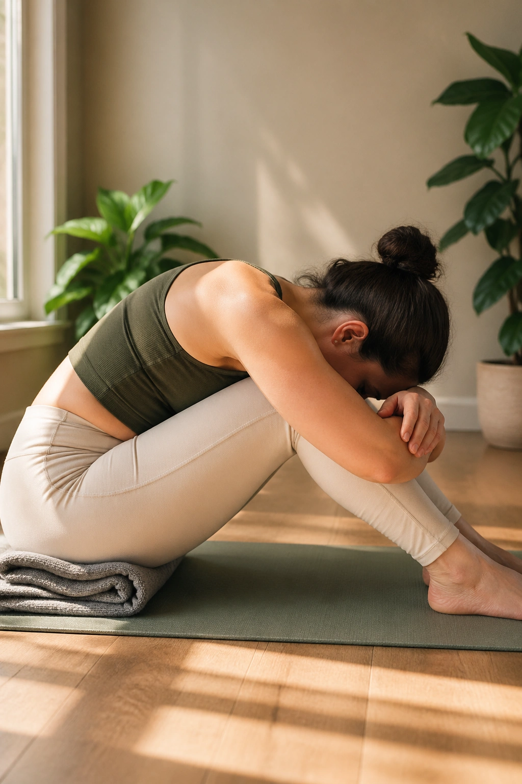 Seated Forward Fold with bent knees performed by a real person in a cozy space