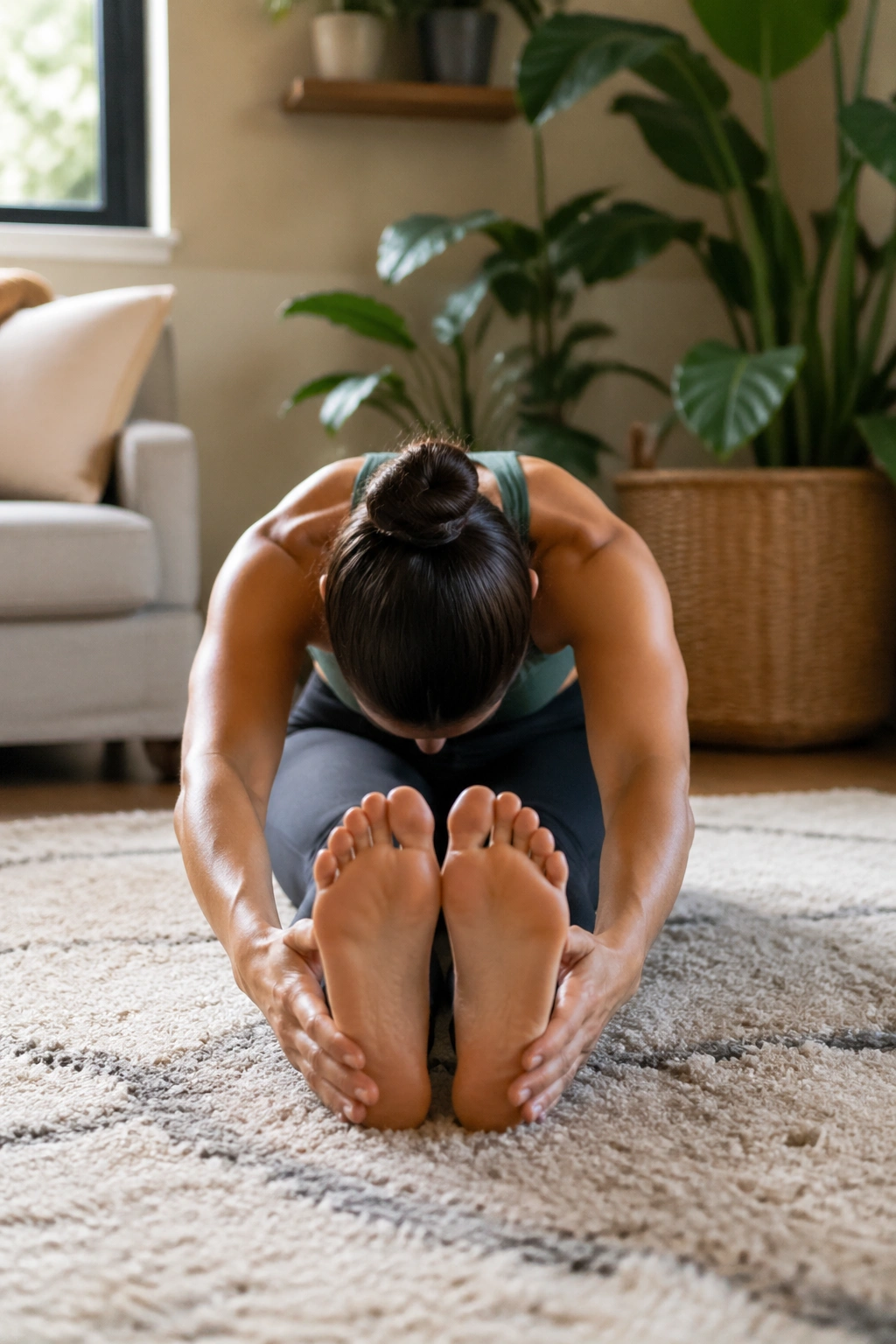 Seated forward fold stretching hamstrings in a cozy living room