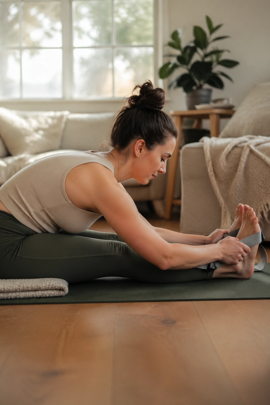 Real person seated with legs extended, folding forward to lengthen the back.