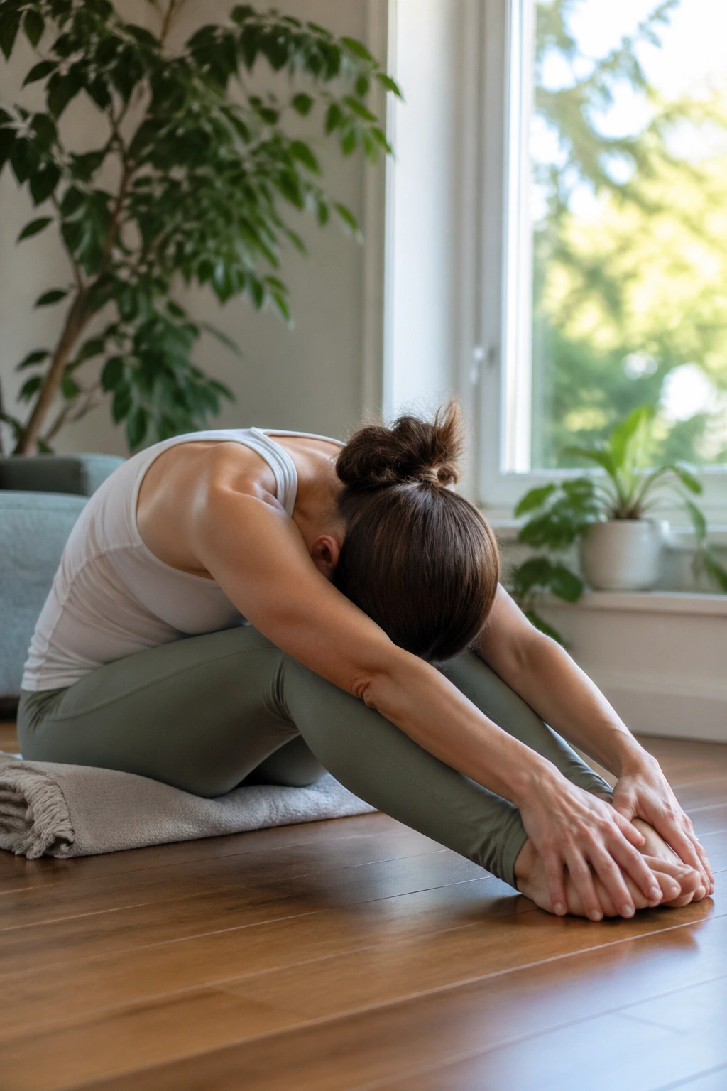 Person in seated forward fold with soft knees, long spine