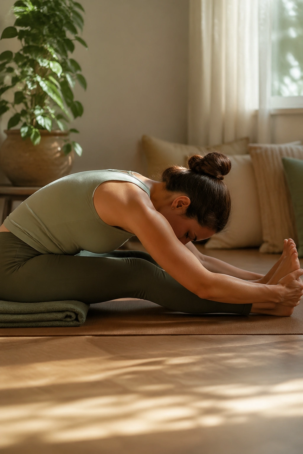 Real person in Seated Forward Fold reaching toward shins with relaxed neck