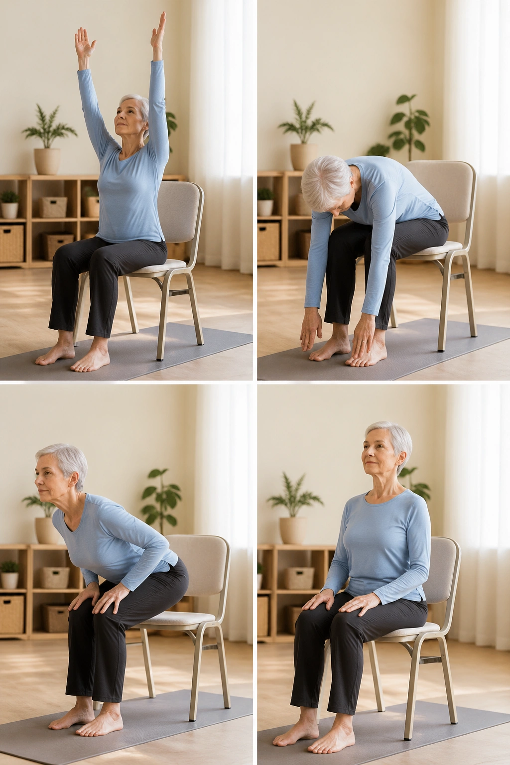 Medium close-up of a person doing a chair-based sun salutation sequence