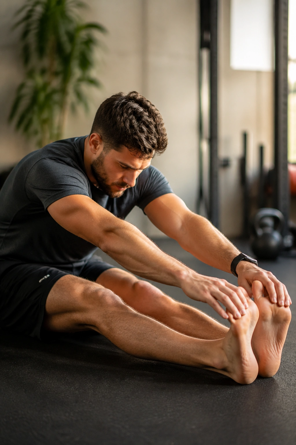 Person seated on floor performing seated hamstring fold with long spine