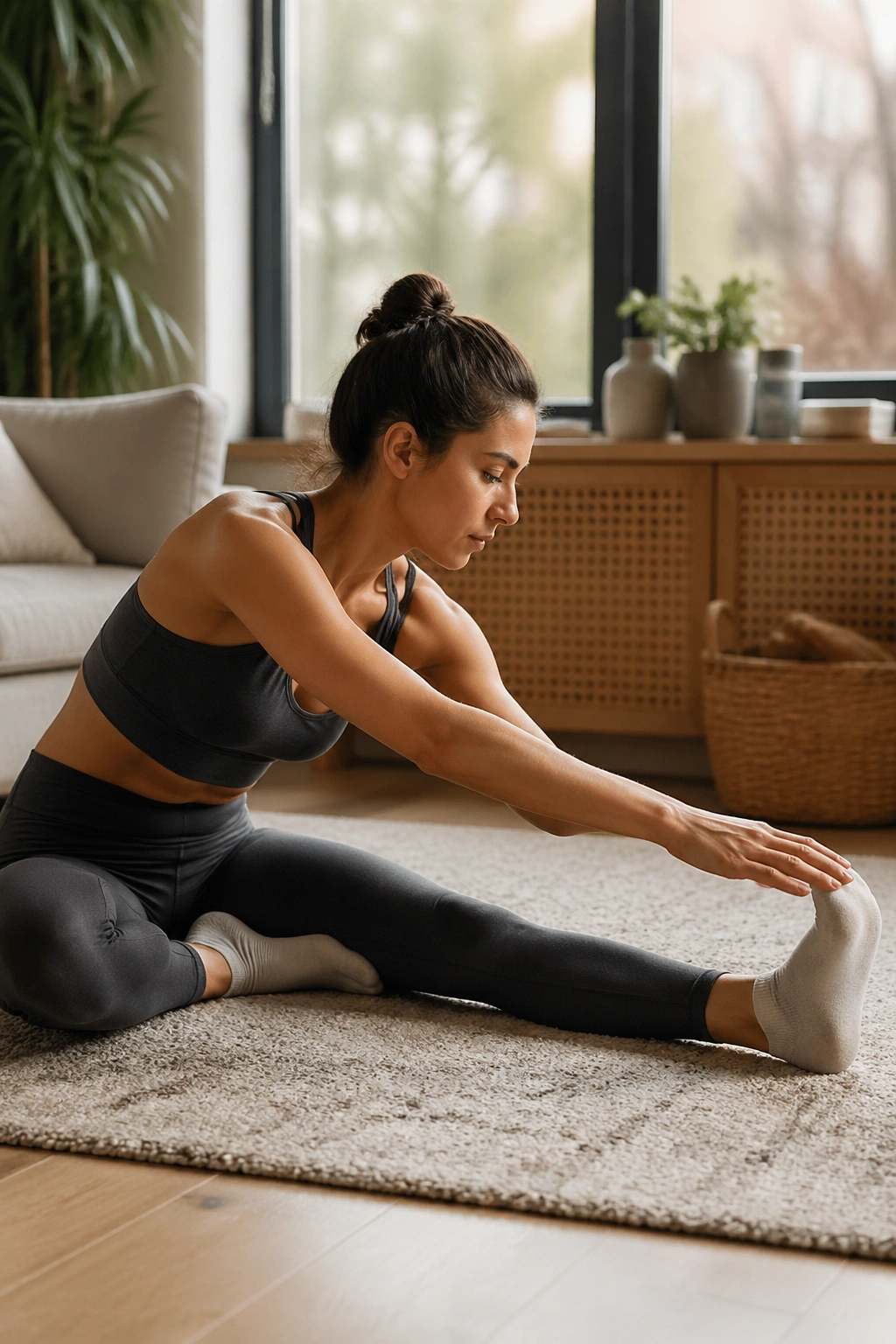 Medium close-up of a person seated reaching toward the toes for hamstring stretch.