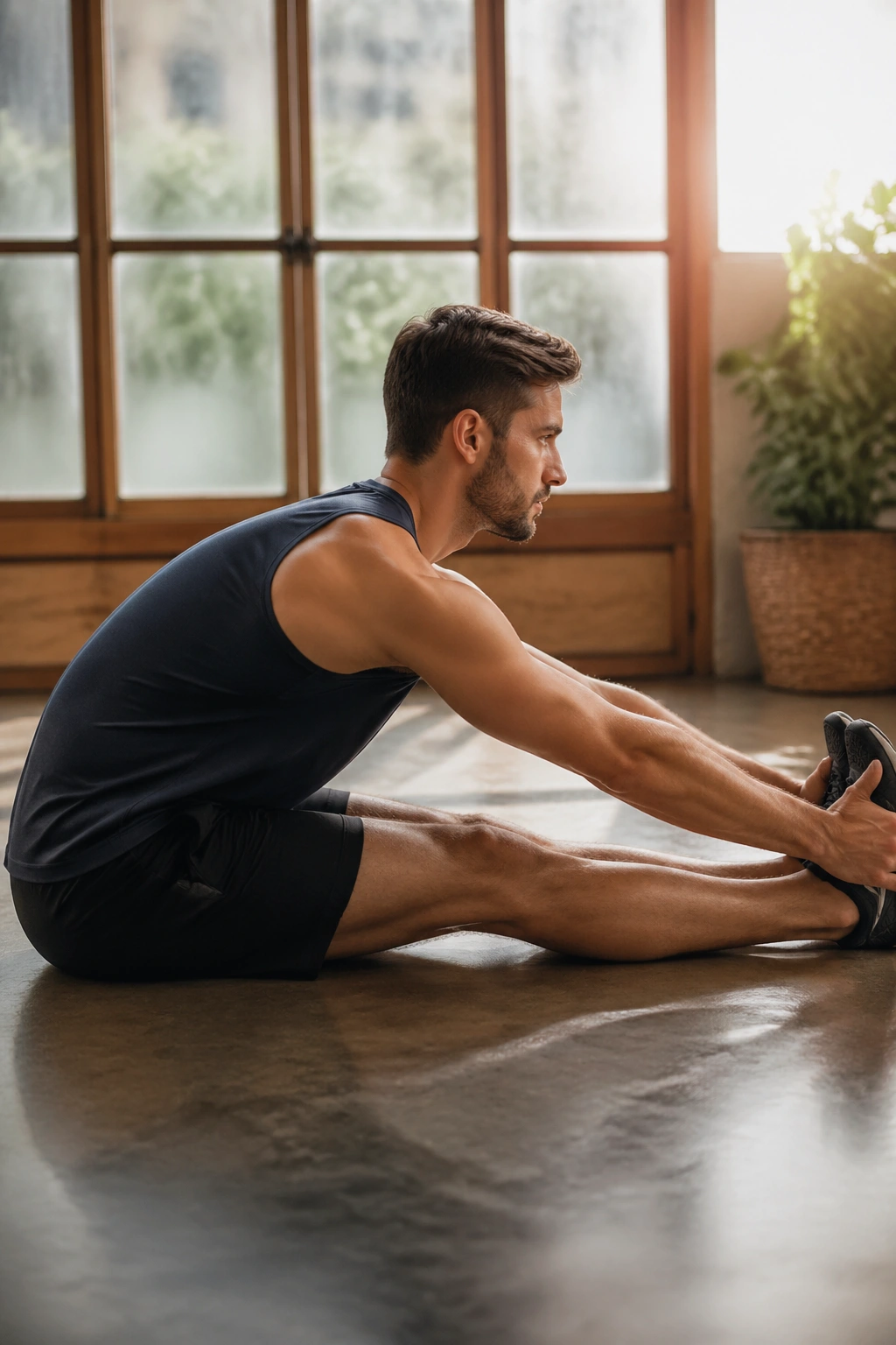 Seated hamstring stretch with flat back, legs extended.