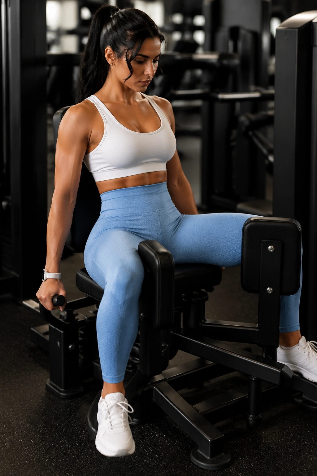 Close-up of a person performing seated hip abduction on a machine, highlighting outer glute engagement.