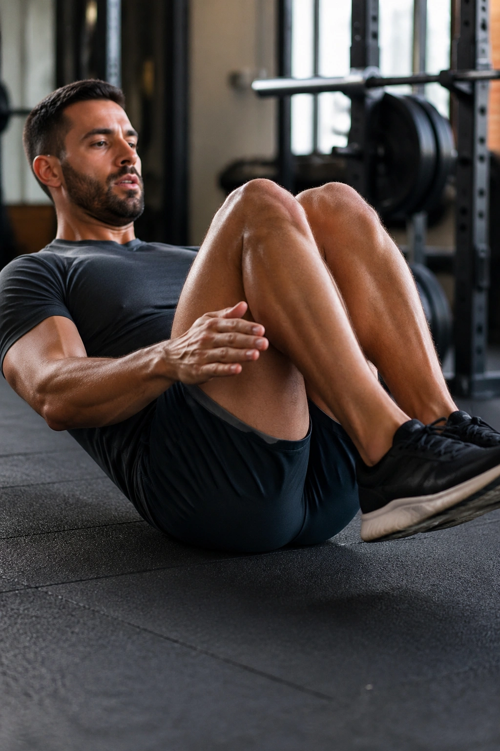 Athlete performing seated in-and-outs with torso stable and legs moving in and out