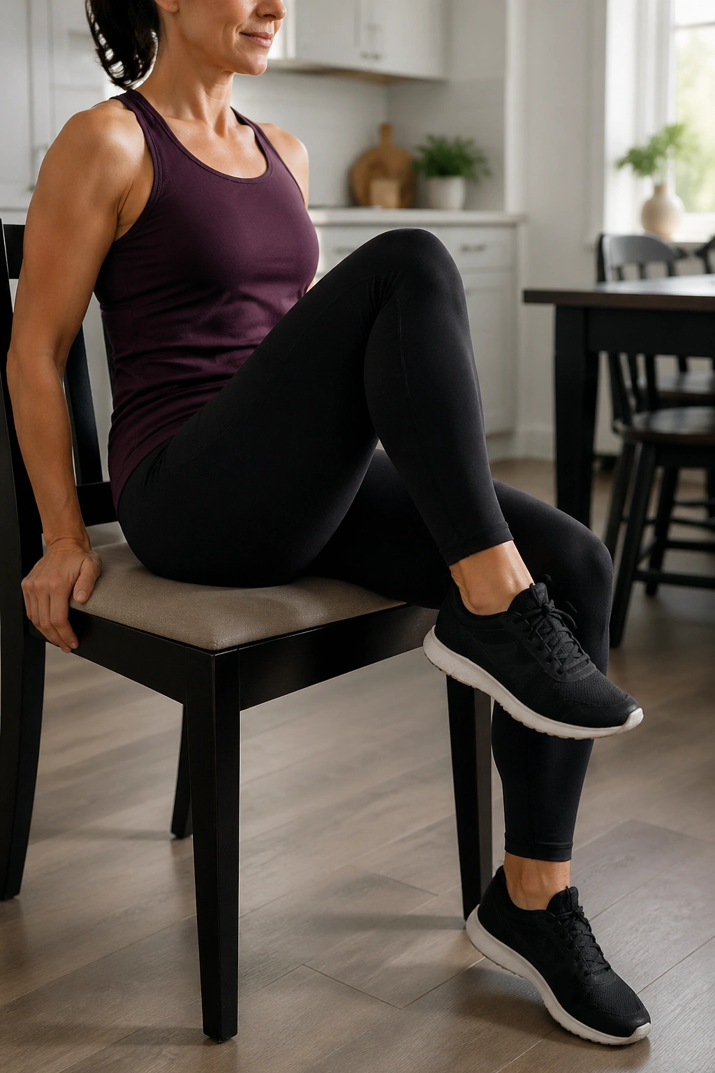 Close-up of a woman performing seated knee lifts on a chair