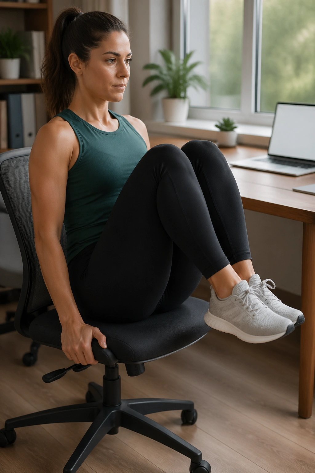 Medium close-up of a person performing seated knee tucks at a desk chair