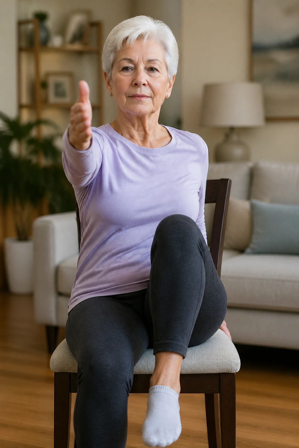 Senior performing seated march with arm reach in a chair, home setting.